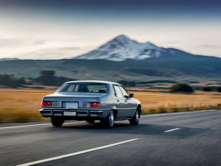 Car on the road with mountain in the background. Motion blur.の素材