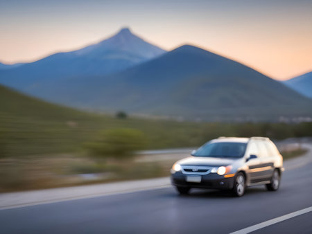 car on the road with mountains in the background at sunset. motion blurの素材
