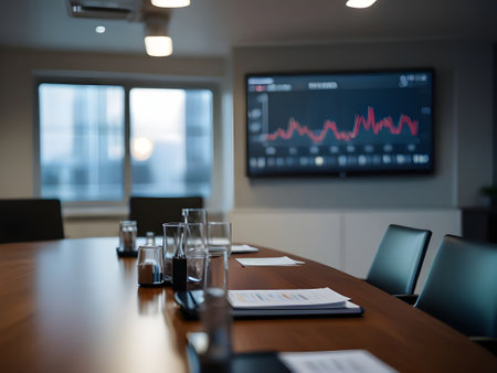 Business conference room with tables and chairs, stock market graphs on the screenの素材