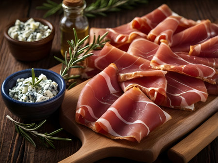 Italian prosciutto crudo or jamon with blue cheese and rosemaryの素材