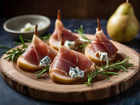 Prosciutto with pear and blue cheese on a wooden boardの素材