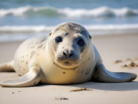 Baby seal on the beach of Helgoland in Germany, Europeの素材