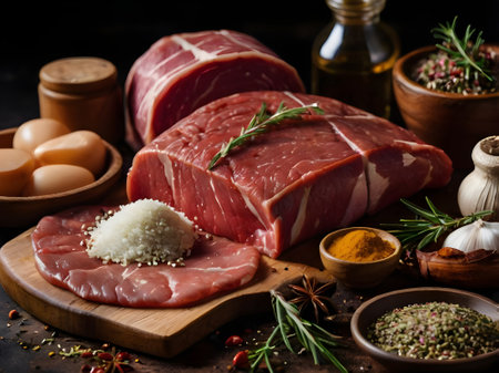 Raw pork meat with ingredients for cooking on a wooden board. Selective focus.の素材
