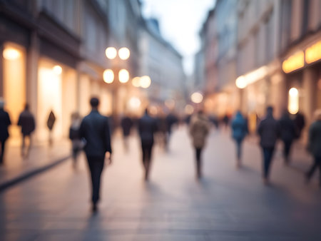 Blurred image of people walking on the street in the evening.の素材