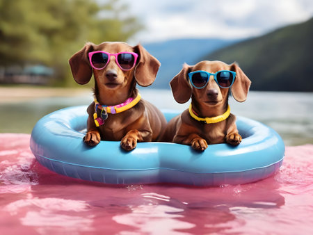 two dachshunds in sunglasses swimming in a swimming poolの素材