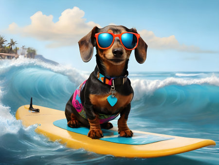 surfer dachshund with surfboard on the ocean waveの素材