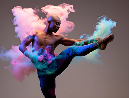 Artistic shot of a young man with colorful smoke in his hair.の素材
