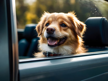 Cute Golden Retriever dog looking out of the car windowの素材