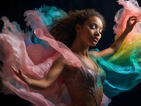 Portrait of a beautiful young woman with curly hair and colorful dress.の素材