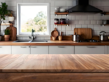 Empty wooden table in modern kitchen interior. Mock up, 3D Renderingの素材