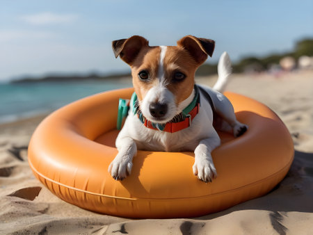 Jack russell terrier dog on an inflatable ring on the beachの素材