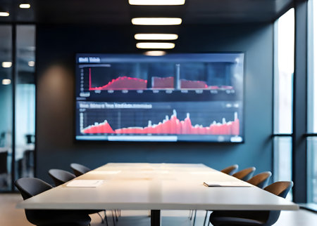 Business meeting room with financial charts on the screen, stock market conceptの素材