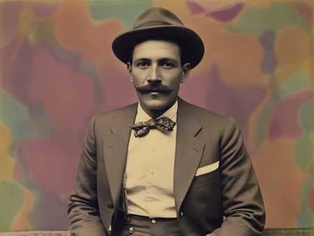 Retro portrait of a man in a hat with a mustache and bow tieの素材