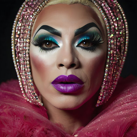 Beautiful girl with bright make-up and pink feather boaの素材