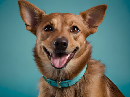 Studio portrait of a cute mixed breed dog, isolated on blue backgroundの素材