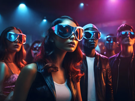 Stylish young woman in sunglasses posing near her friends at night clubの素材