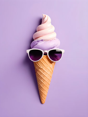 Funny ice cream cone with sunglasses on violet background. Summer concept.の素材