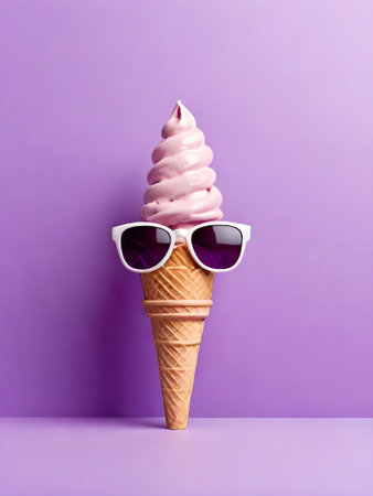 Funny ice cream cone with sunglasses on violet background. Minimal summer concept.の素材