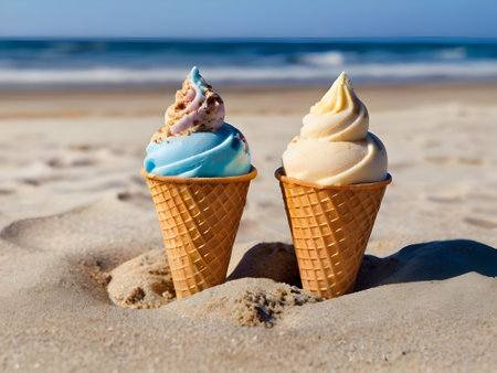 Ice cream cone on the beach with sea background. Summer vacation conceptの素材