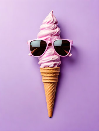 Funny ice cream cone with sunglasses on violet background. Minimal summer concept.の素材