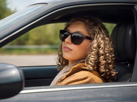 Portrait of a beautiful curly girl in sunglasses sitting in a carの素材