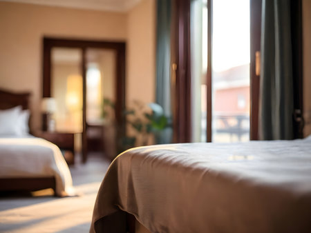 Interior of a hotel bedroom with double bed. Selective focus.の素材