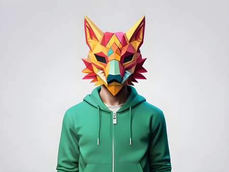 Futuristic man wearing colorful origami fox mask on grey backgroundの素材