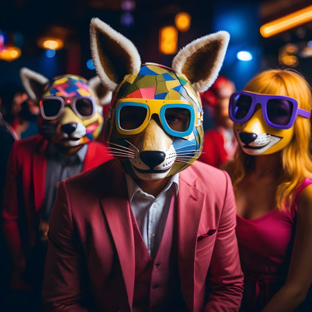 Group of people in carnival masks at night club. Concept of carnival party.の素材