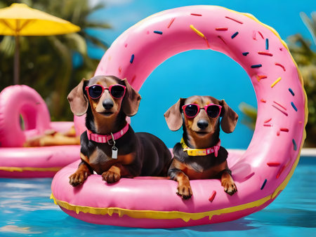 Two dachshund dogs on inflatable ring in swimming poolの素材