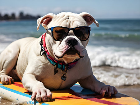 english bulldog with sunglasses and surfboard on the beach in summerの素材