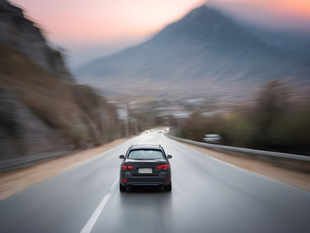car on the road with motion blur background, speed and travel conceptの素材
