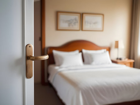 Interior of a hotel room with a bed and a door handleの素材