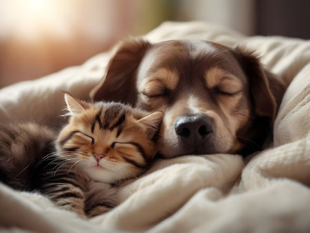 Adorable cat and dog sleeping together on soft blanket at home. Pet care conceptの素材