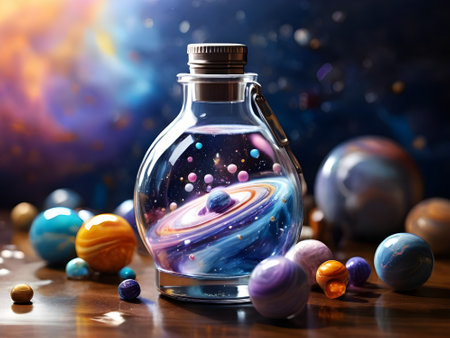 Magic potion in a bottle with planets and stars on a dark backgroundの素材