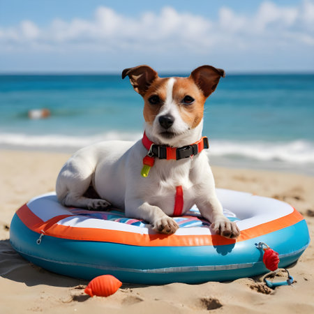 Jack russell terrier dog on an inflatable ring on the beachの素材
