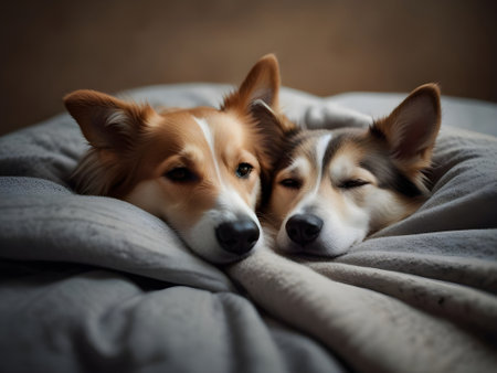 Two Welsh Corgi dogs lie on the bed under the blanket.の素材