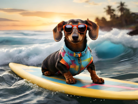 Surfer dachshund dog sitting on surfboard at sunsetの素材