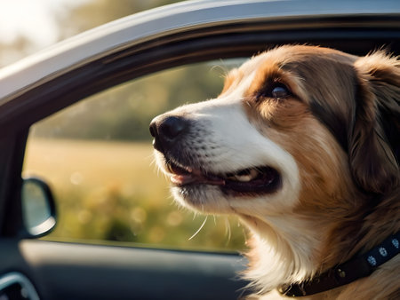 Portrait of a cute dog in a car on a sunny dayの素材