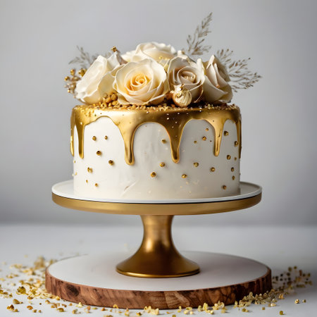 Wedding cake decorated with white roses and golden confetti on a white backgroundの素材