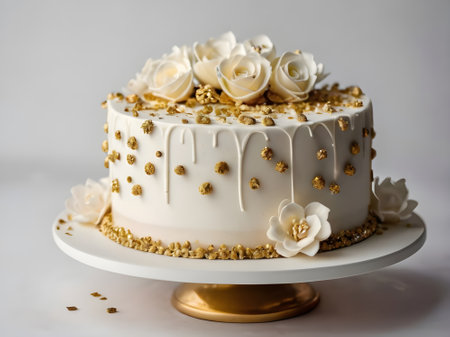 Birthday cake decorated with white roses on a golden stand on a white backgroundの素材