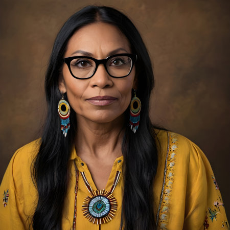Portrait of indian woman wearing eyeglasses and a yellow blouseの素材