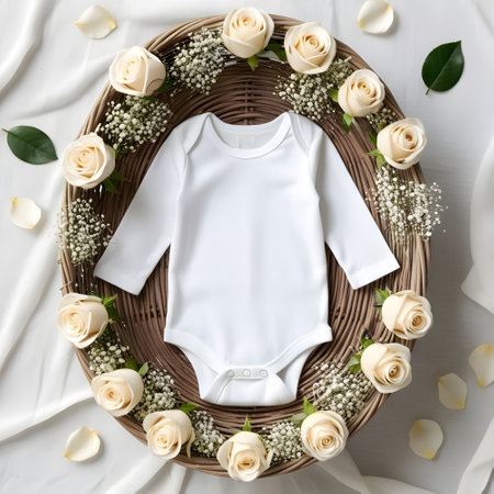 White baby bodysuit on wicker tray with white roses, top viewの素材