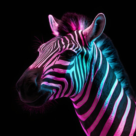 Zebra portrait isolated on black background with colorful neon light. Side view.の素材
