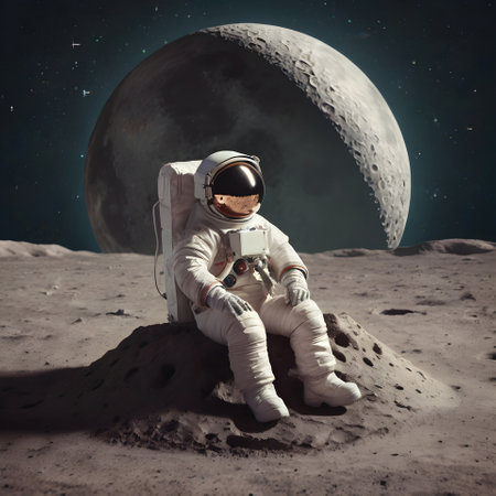 Astronaut sitting on the moon and looking at the space.の素材