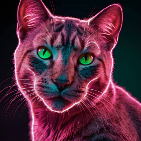 Portrait of a beautiful cat with green eyes in neon light.の素材