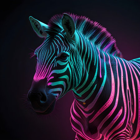 Zebra head with colorful stripes on dark background. 3d illustrationの素材
