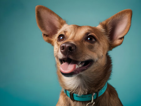 Portrait of a cute brown chihuahua dog on blue backgroundの素材