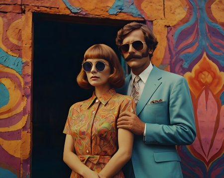 Portrait of a beautiful couple in sunglasses against the background of graffitiの素材