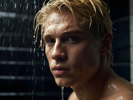 Portrait of a handsome young man with blond hair in the shower.の素材