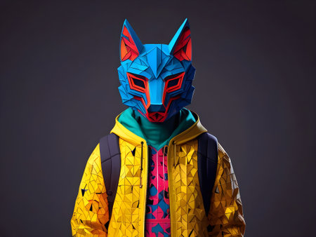 Futuristic man wearing a colorful mask. Isolated on dark background.の素材